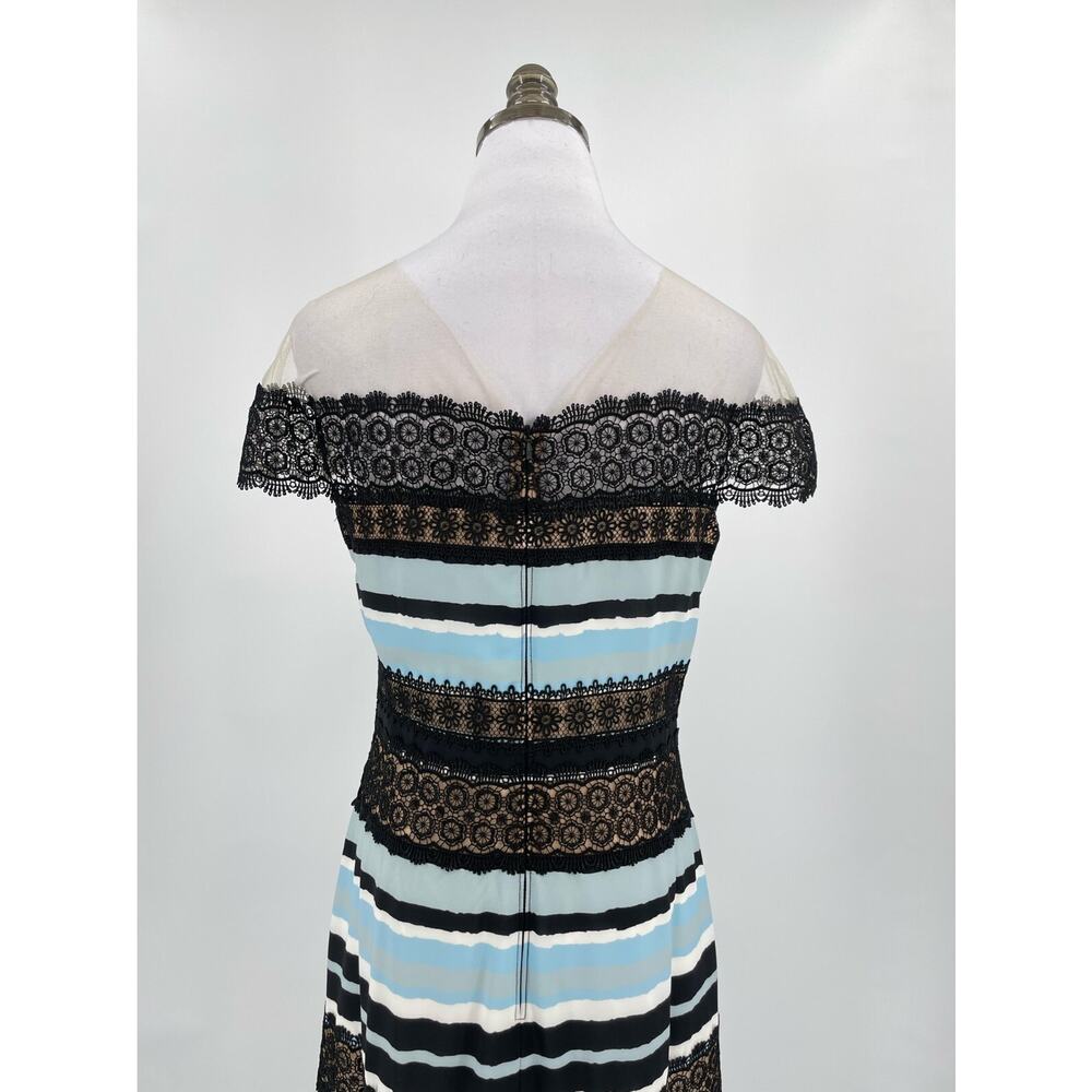 Tadashi Shoji Womens Blue Black Striped Tulle Lace Midi Dress Sz 8 - Picture 7 of 10